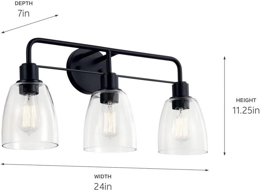 Kichler Meller 24.25' 3-Light Bathroom Vanity Light Fixture with Clear Glass Shades in Brushed Nickel, Industrial Modern Style Over Mirror (24.25' x 11.25' x 7'), 55102NI