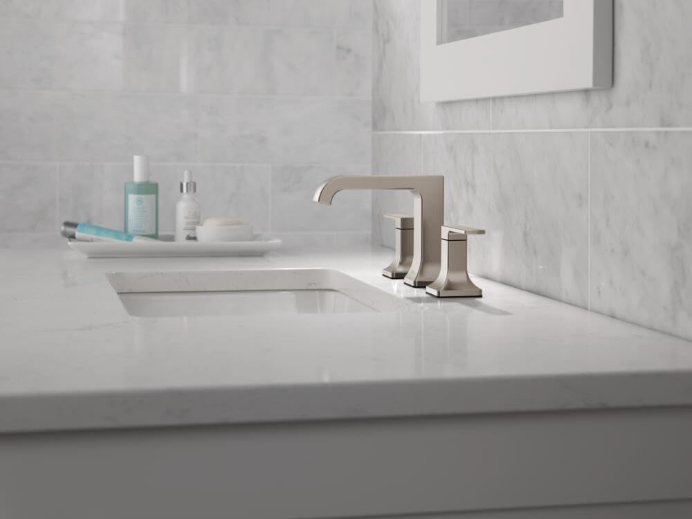 Delta Velum Brushed Nickel Bathroom Faucet 3 Hole, 8 Inch Widespread Bathroom Sink Faucet for Vanity, Metal Push-Pop Drain Assembly, Stainless 3539LF-SSMPU