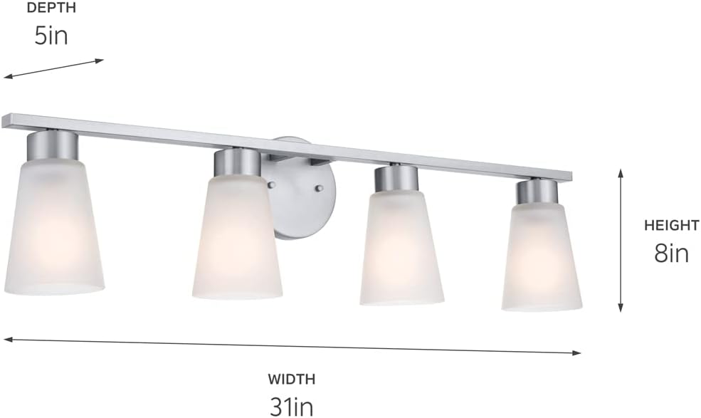 Kichler Stamos 4-Light Bathroom Vanity Light Fixture with Satin Etched Glass Shades, 26 in Modern Wall Light in Brushed Nickel for Bathroom Mirror (26 in x 8 in x 5 in), 55122NI