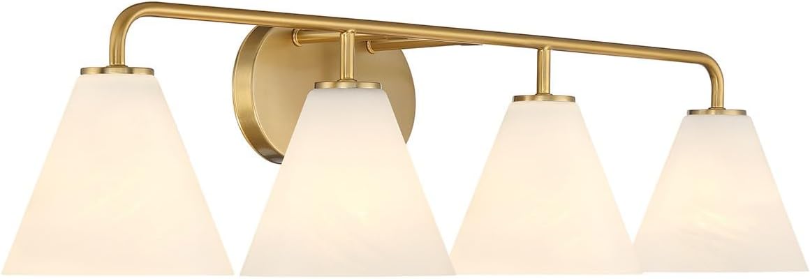 Savoy House 8-2988-4-322 Blair White Strie Glass Bathroom Conical Bathroom Vanity Light, 4-Light 240 Total Watts, 8'' H x 35'' W, Warm Brass