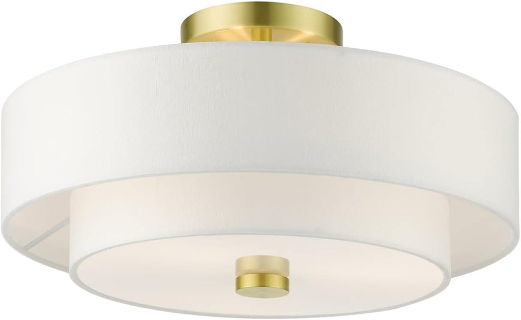 Livex Lighting 51044-12 Meridian Collection 3-Light Semi Flush Mount Ceiling Light with Off-White Hardback Fabric Shade, Satin Brass 15 x 15 x 8.25