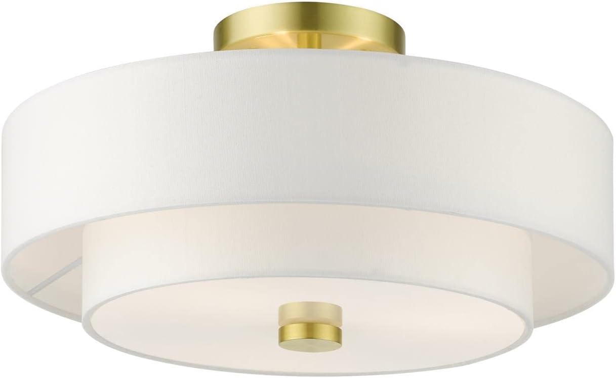 Livex Lighting 51044-12 Meridian Collection 3-Light Semi Flush Mount Ceiling Light with Off-White Hardback Fabric Shade, Satin Brass 15 x 15 x 8.25