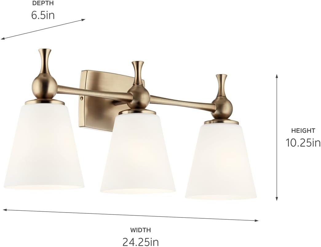 Kichler Cosabella 3-Light 24' Bathroom Vanity Light Fixture with Satin Etched Cased Opal Glass Shades in Champagne Bronze for Modern Bathrooms and Powder Rooms, 55092CPZ