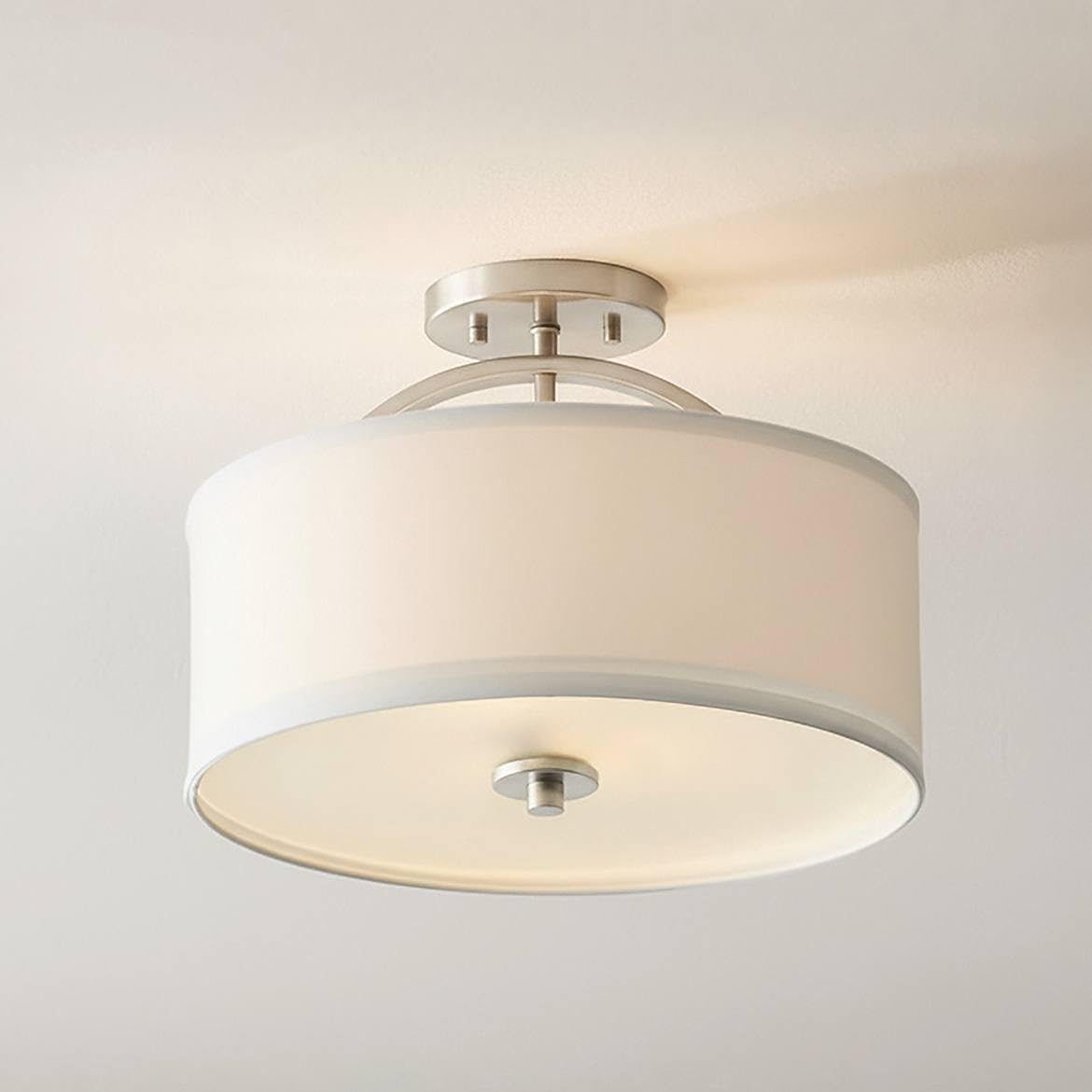 Possini Euro Design Halsted Modern Close to Ceiling Light Semi Flush Mount Fixture 15' Wide Brushed Nickel Silver White Linen Drum Shade for Bedroom Hallway Living Room Dining Room Bathroom Kitchen