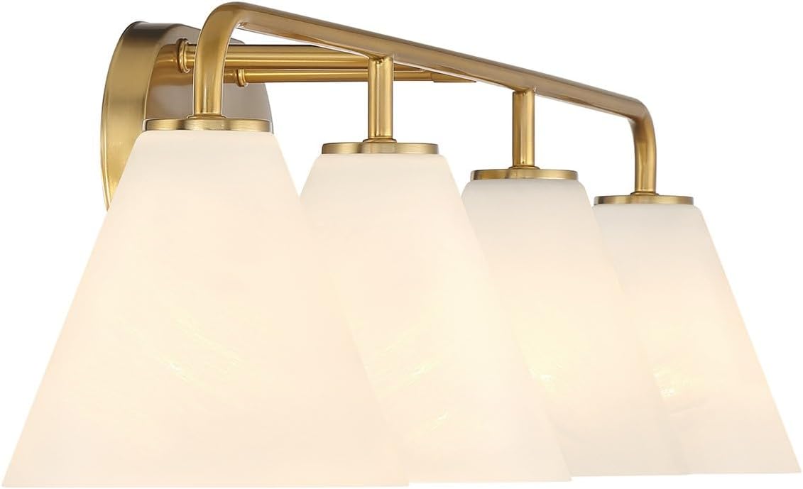 Savoy House 8-2988-4-322 Blair White Strie Glass Bathroom Conical Bathroom Vanity Light, 4-Light 240 Total Watts, 8'' H x 35'' W, Warm Brass