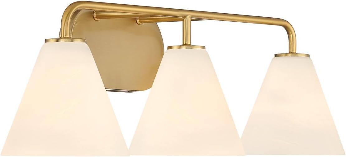 Savoy House 8-2988-3-322 Blair White Strie Glass Bathroom Conical Bathroom Vanity Light, 3-Light 180 Total Watts, 8'' H x 26'' W, Warm Brass