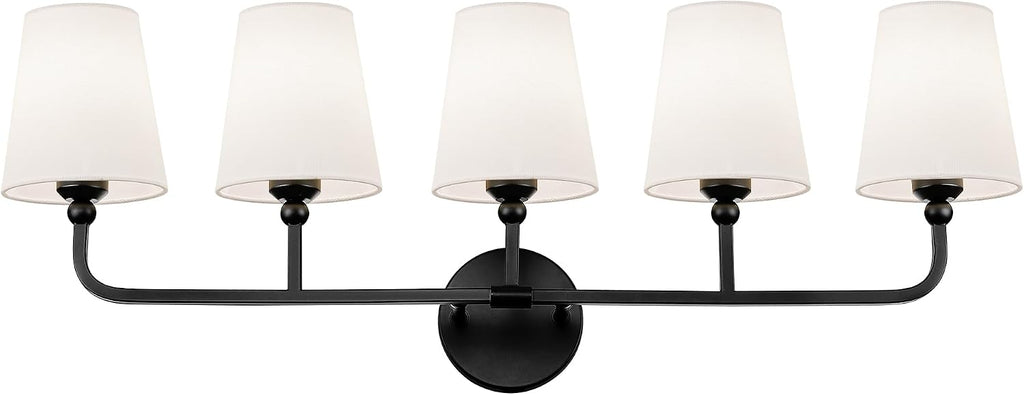 Bathroom Light Fixtures, 5 Light Matte Black Vanity Lights with Flared White Fabric Shade, 35 Inch Wall Sconce, Modern Sconces Wall Lighting for Hallway Bedroom, VL837-MB-5