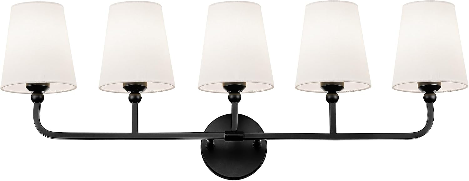 Bathroom Light Fixtures, 5 Light Matte Black Vanity Lights with Flared White Fabric Shade, 35 Inch Wall Sconce, Modern Sconces Wall Lighting for Hallway Bedroom, VL837-MB-5