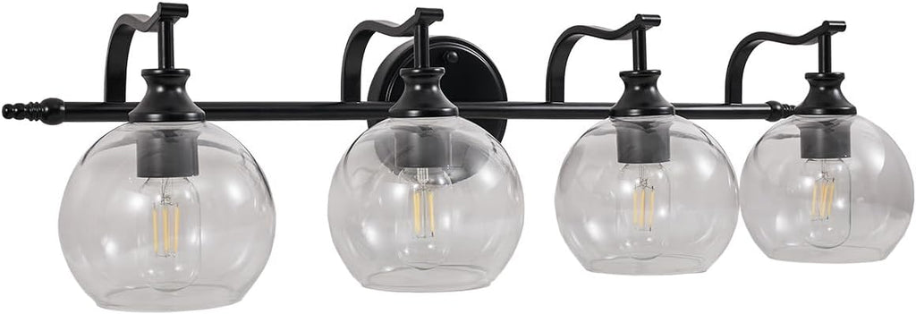 ANDY STAR 4 Light Bathroom Vanity Lights, Matte Black Bathroom Light with Clear Globe Glass Lampshade, 30.5 Inch Industrial Wall Lamp, E26 Base, Bulbs Not Included