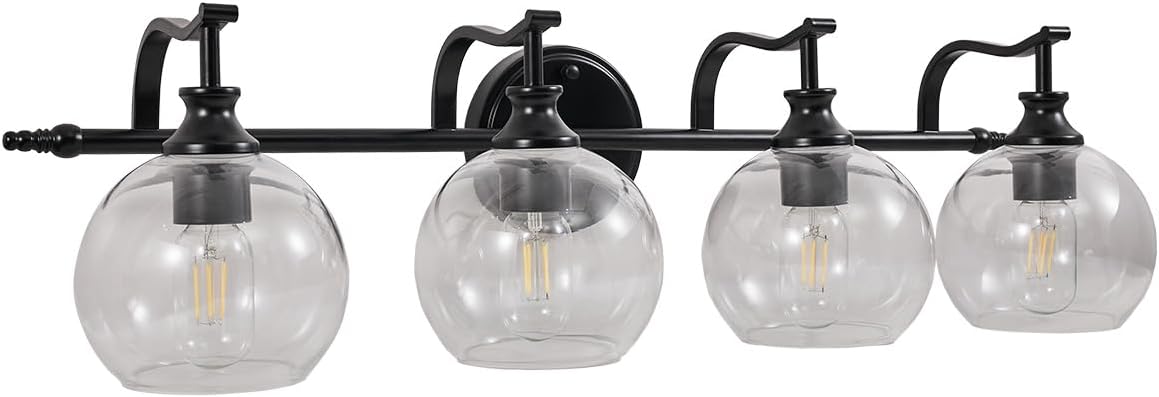 ANDY STAR 4 Light Bathroom Vanity Lights, Matte Black Bathroom Light with Clear Globe Glass Lampshade, 30.5 Inch Industrial Wall Lamp, E26 Base, Bulbs Not Included