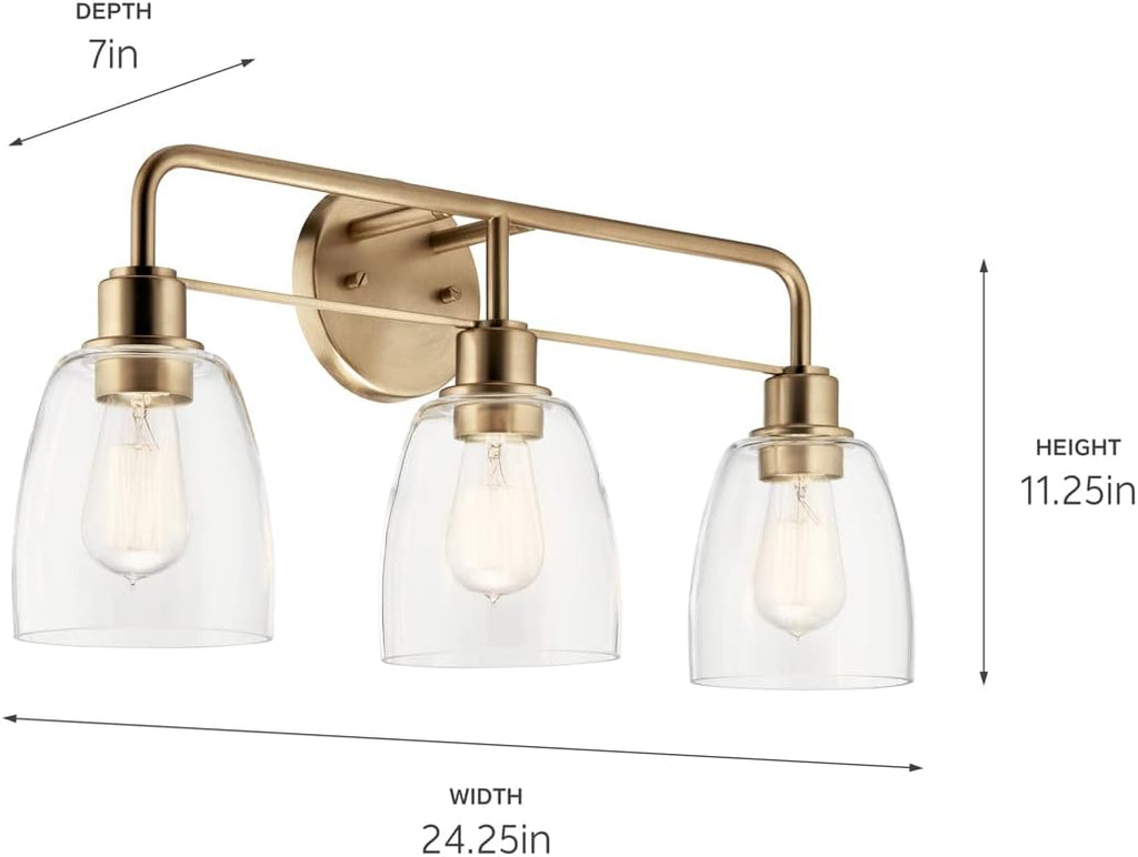 Kichler Meller 24.25' 3-Light Bathroom Vanity Light Fixture with Clear Glass Shades in Champagne Bronze for Mirror or Powder Room (24.25' W x 11.25' H x 7' D) 55102CPZ