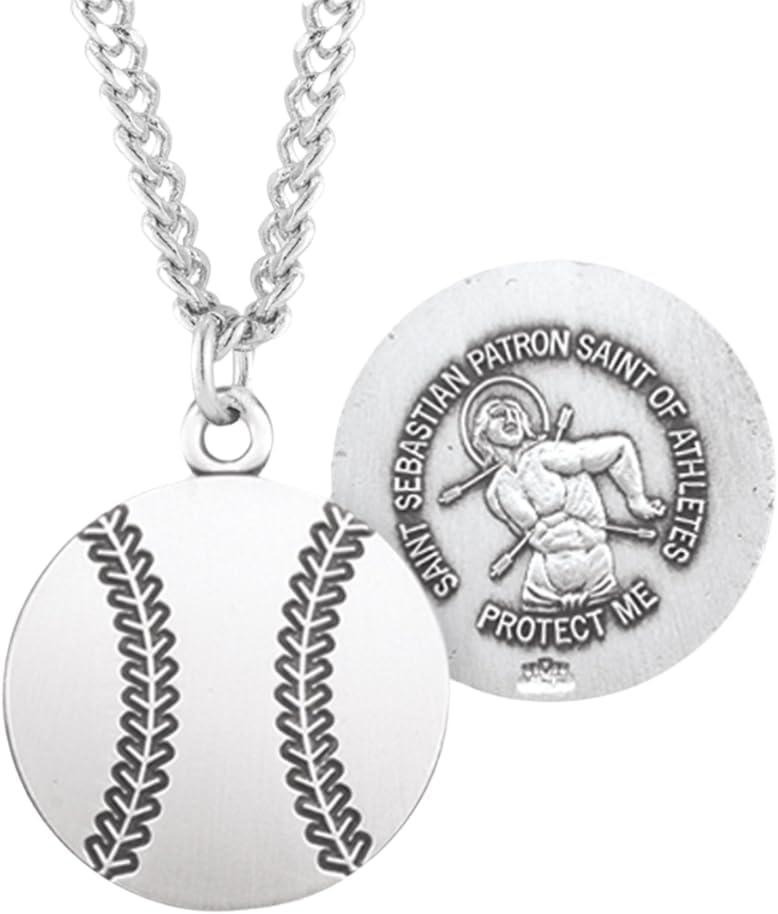 .925 Sterling Silver Saint Sebastian Sports Athlete Medal Protection Christian Pendant Necklace with Chain - Made in USA