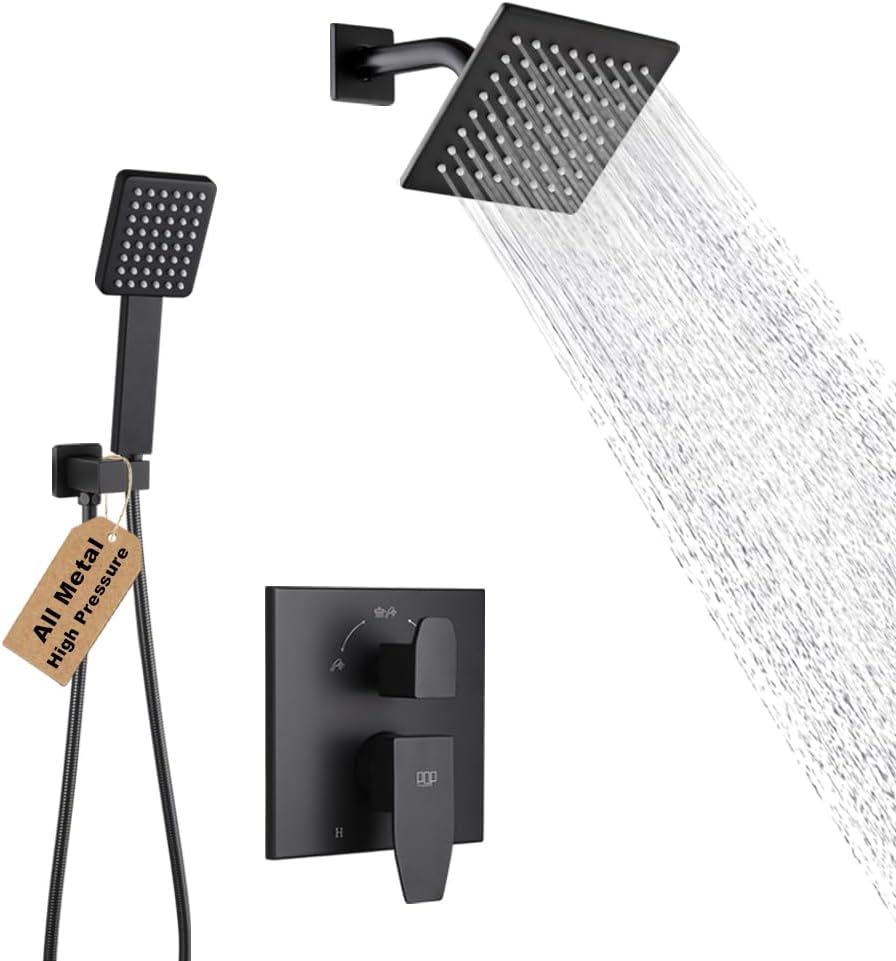 Matte Black Shower Faucet Set Rainfall 6 Inch Shower Head and Handle Set Bathroom Rain Shower System Wall Mounted Shower Fixture Include Shower Valve and Trim Kit