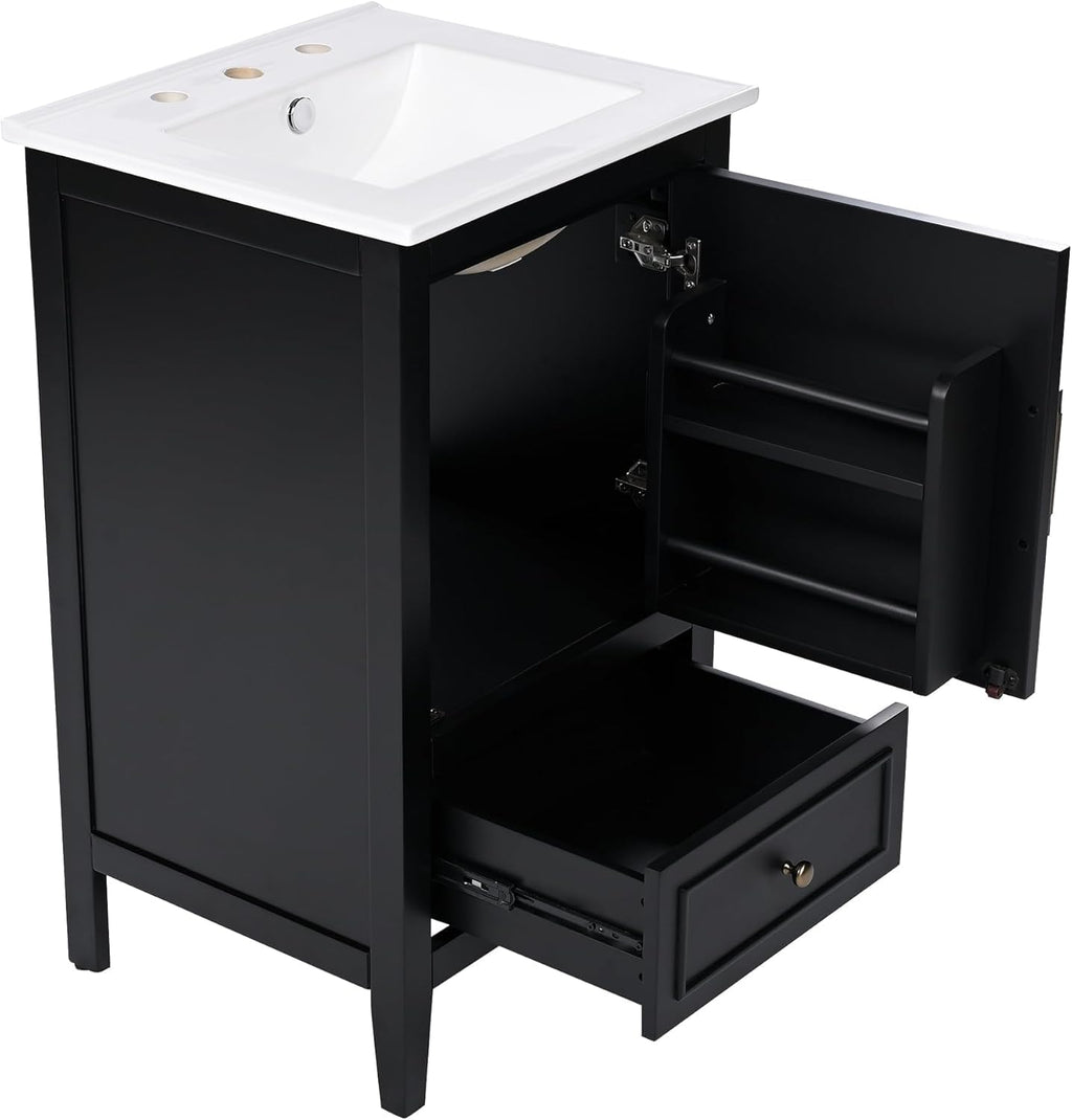 Bellemave 20-inch Bathroom Vanity with Ceramic Sink Combo Set, Solid Wood Frame Bathroom Storage Cabinet with Drawer and Soft Closing Cabinet Door with Storage Rack, Black