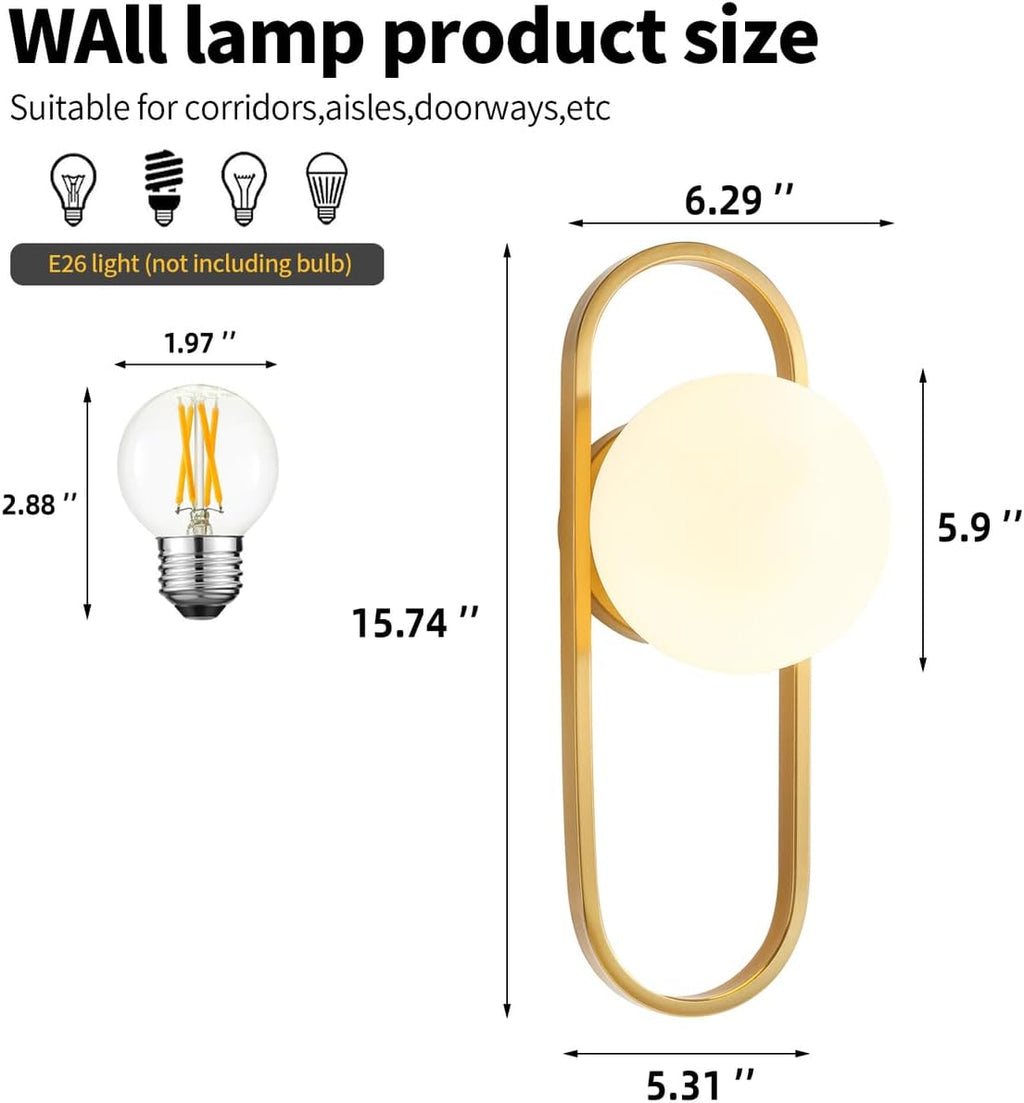 Wall Sconces Set of Two Brushed Gold Wall Lamp Sconces Wall Lighting with White Globe Glass Shade Wall Lights Sconces Wall Decor Set of 2 Wall Lights for Living Room Wall Lamps for Bedrooms Set of 2