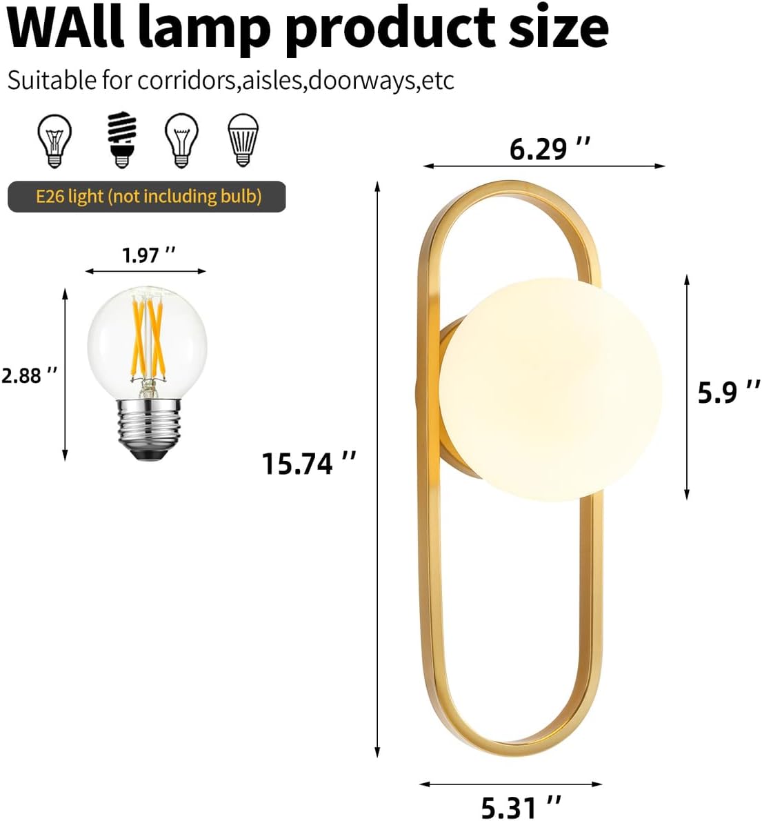 Wall Sconces Set of Two Brushed Gold Wall Lamp Sconces Wall Lighting with White Globe Glass Shade Wall Lights Sconces Wall Decor Set of 2 Wall Lights for Living Room Wall Lamps for Bedrooms Set of 2