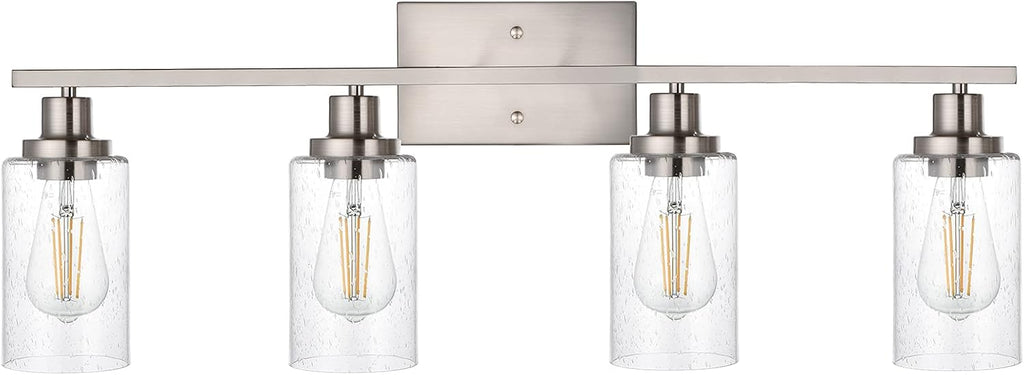 4-Lights Modern Vanity Light Fixtures for Bathroom Over Mirror, Farmhouse 31-Inches Length Seeded Glass Bath Wall Sconce Lighting in Brushed Nickel