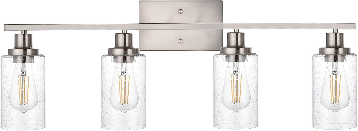 4-Lights Modern Vanity Light Fixtures for Bathroom Over Mirror, Farmhouse 31-Inches Length Seeded Glass Bath Wall Sconce Lighting in Brushed Nickel