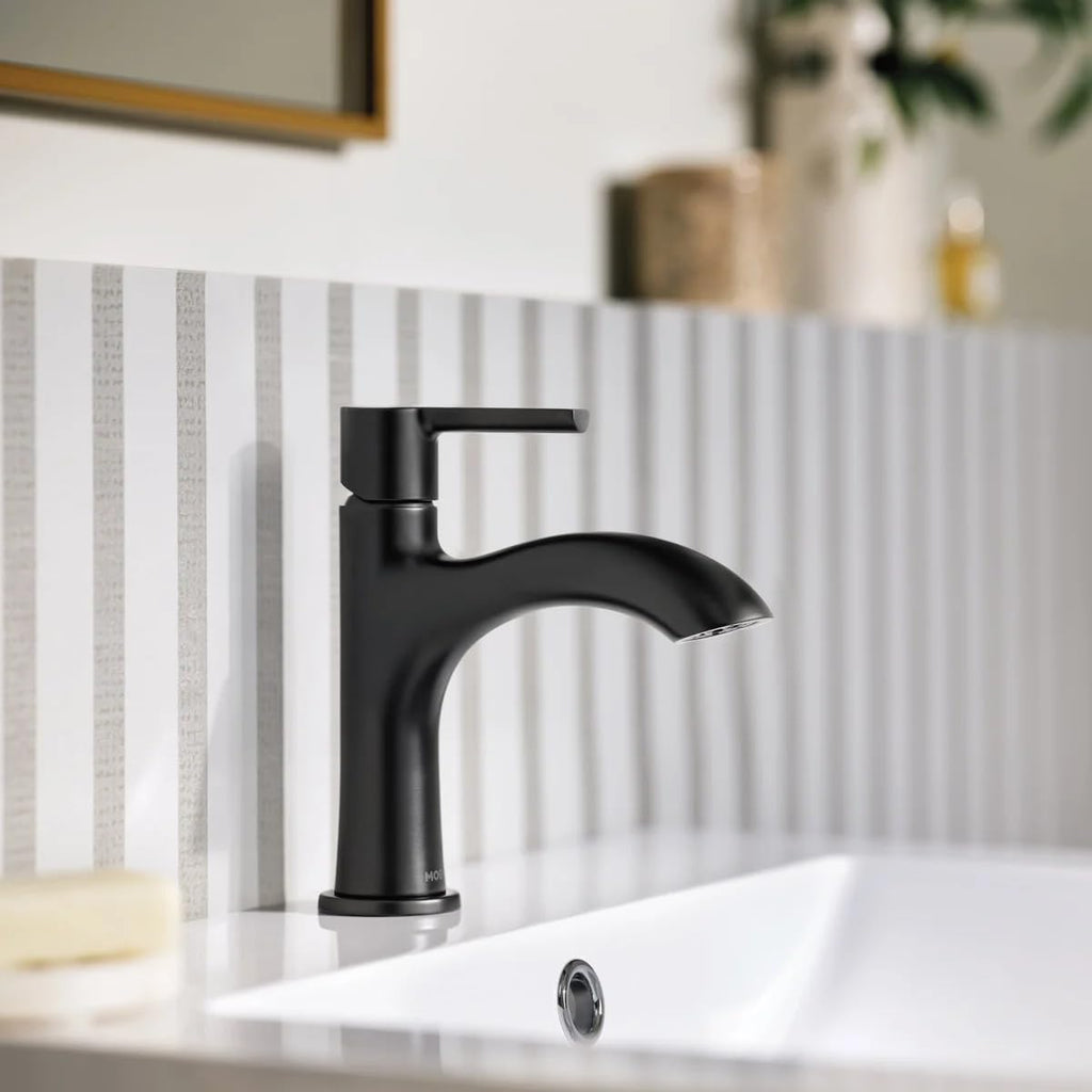 Moen Idris One-Handle Bathroom Faucet – Modern Deck Mount with Push-Down Drain – Optional 3-Hole Deckplate – 1.2 GPM (Matte Black)