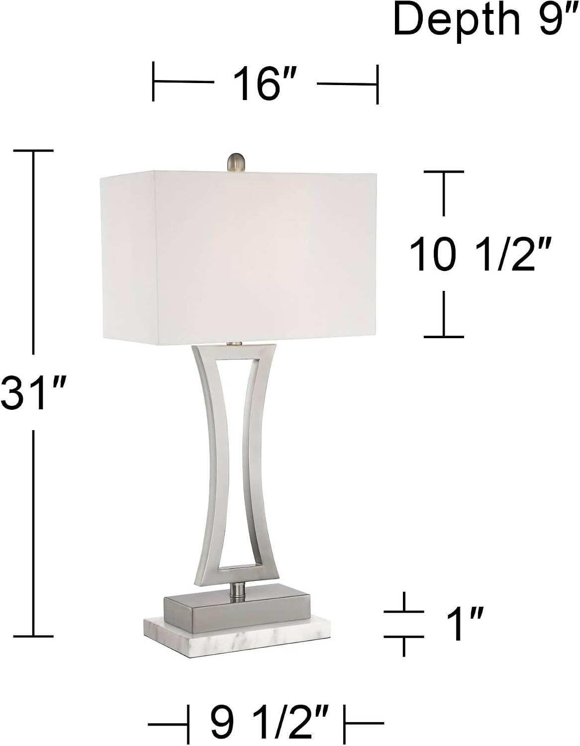 360 Lighting Roxie Modern Table Lamps with White Marble Risers 31' Tall Set of 2 Brushed Nickel Off-White Rectangular Fabric Shade for Bedroom Living Room Bedside Nightstand Home Office