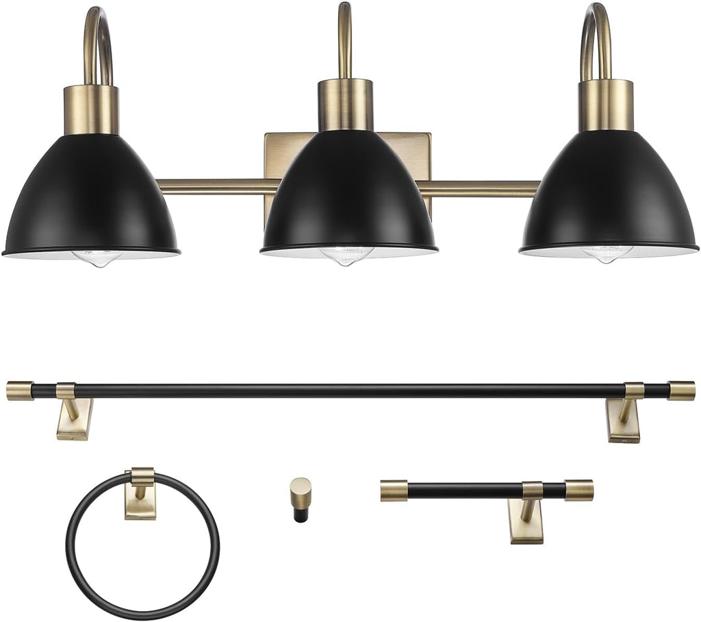GLOBE Electric 63000058 5-Piece All-in-One Bathroom Accessory Set, Brass & Black, 3-Light Vanity Light, Towel Bar, Toilet Paper Holder, Towel Ring, Robe Hook, Bathroom Lights Over Mirror