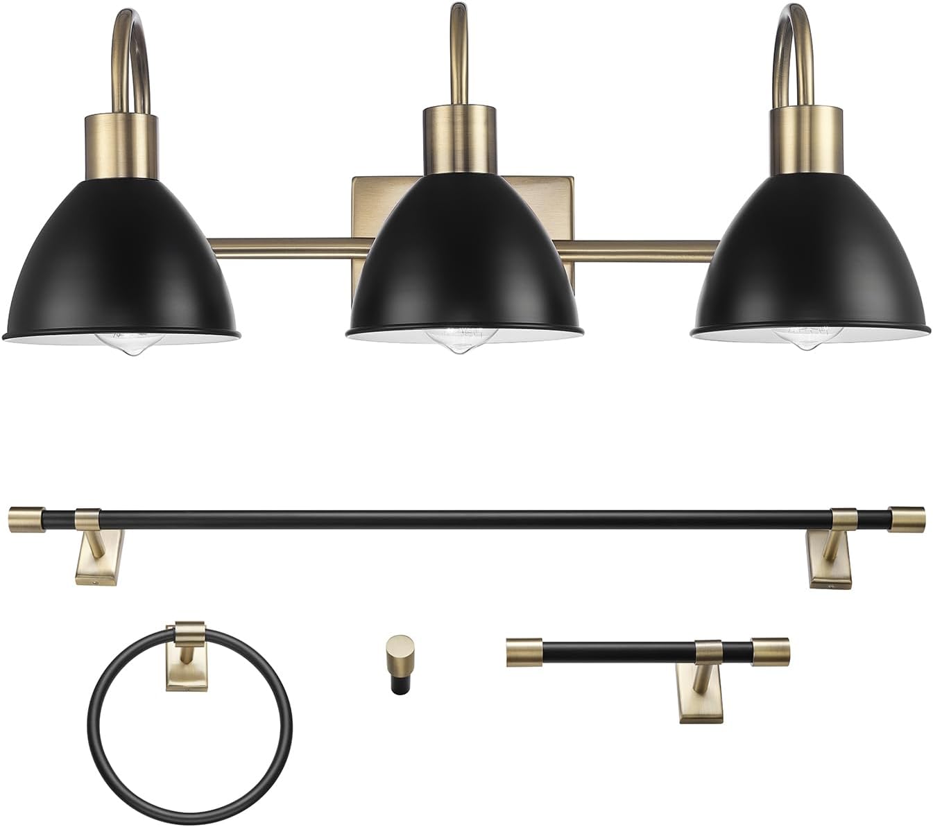 GLOBE Electric 63000058 5-Piece All-in-One Bathroom Accessory Set, Brass & Black, 3-Light Vanity Light, Towel Bar, Toilet Paper Holder, Towel Ring, Robe Hook, Bathroom Lights Over Mirror