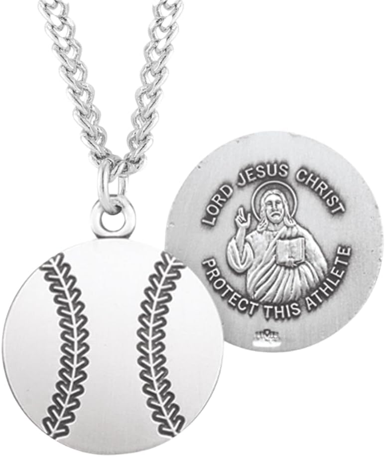 .925 Sterling Silver Lord Jesus Christ Athlete Sports Protection Christian Medal Necklace Pendant with Chain - Made in USA