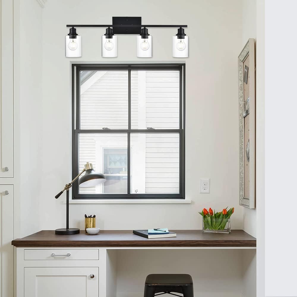 4-Light Modern Bathroom Lighting Fixtures, 31' Matte Black Bathroom Vanity Lights with Clear Glass Shade, Anti-Rust Farmhouse Wall Sconces for Bedroom Cabinet Kitchen E26 Socket (Bulbs Not Included)