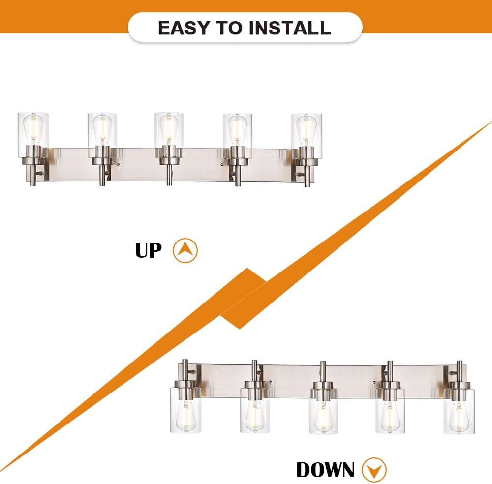 5 Lights Bathroom Vanity Light Fixture Brushed Nickel Sconces Wall Lighting Modern Industrial Indoor Wall Mounted Lamp for Kitchen Living Room Dining Room (Patent No.: US D958,438 S)