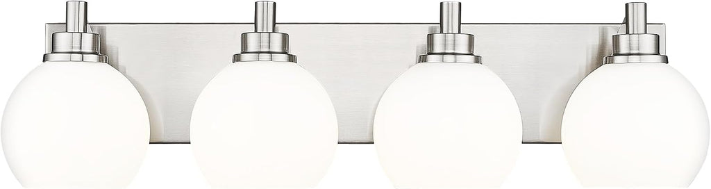 Bathroom Light Fixtures, 4 Light Brushed Nickel Vanity Light, 26 Inch Modern Wall Sconces with Globe Milk White Glass Shade, Vanity Lighting Fixtures Over Mirror, VL195-BN-ML-4