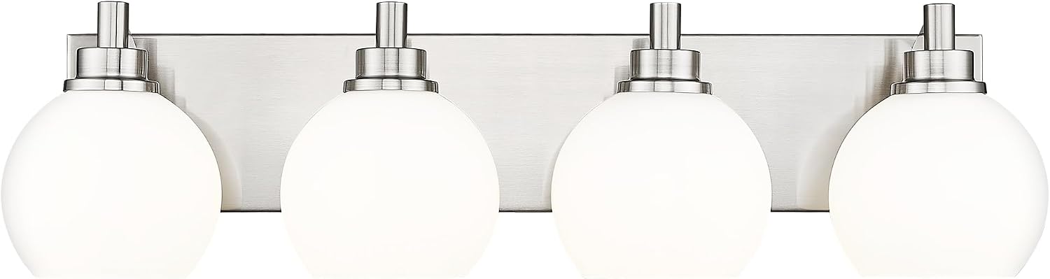Bathroom Light Fixtures, 4 Light Brushed Nickel Vanity Light, 26 Inch Modern Wall Sconces with Globe Milk White Glass Shade, Vanity Lighting Fixtures Over Mirror, VL195-BN-ML-4