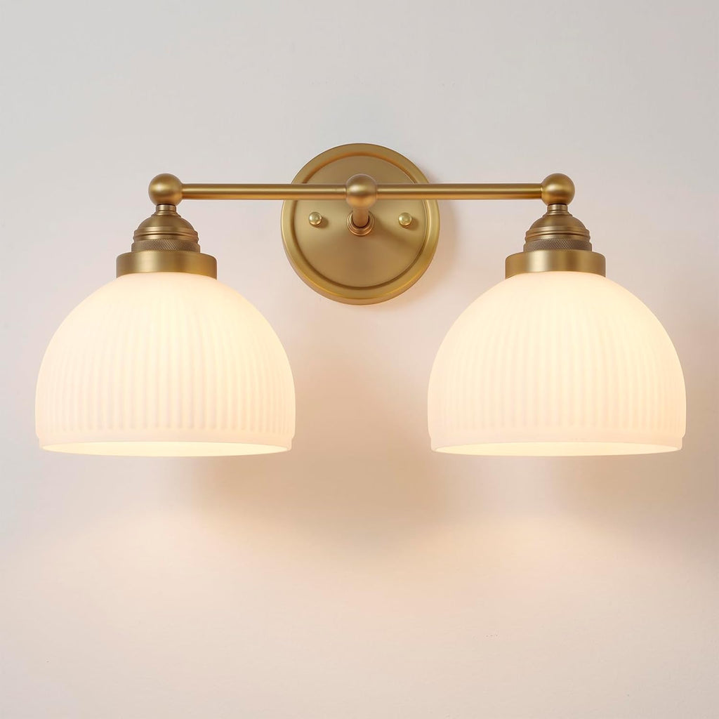 2-Lights Milk White Glass Wall Sconce Lighting Brass Finished, Double Arm Bathroom Vanity Light Fixture for Bedroom Living Room Dining Room Hallway