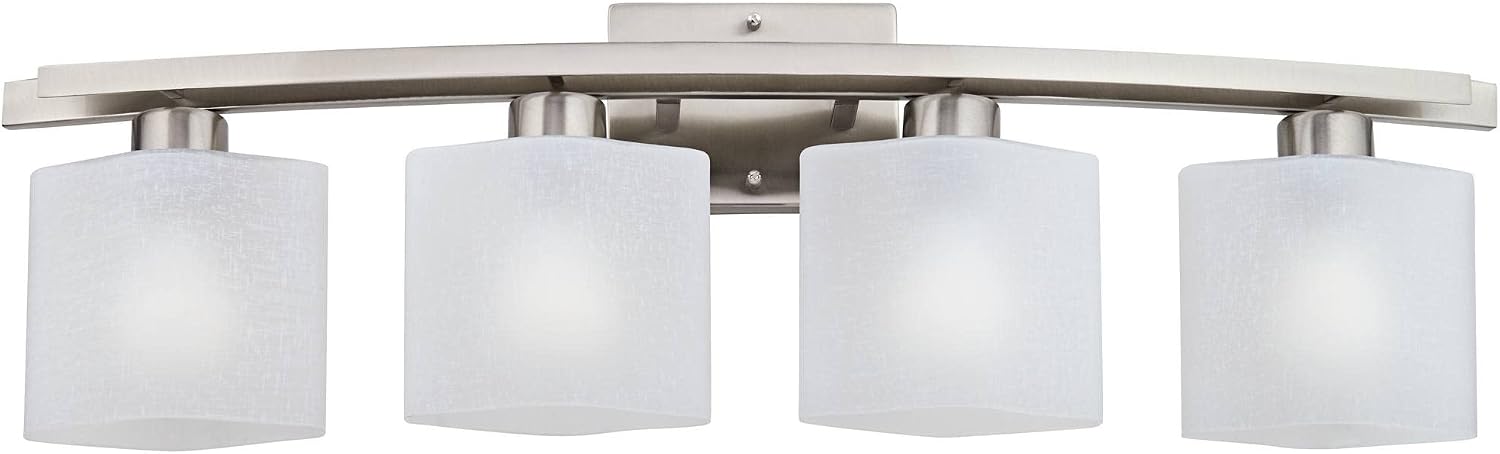 Possini Euro Design Modern Wall Mount Light Brushed Nickel Silver Hardwired 32' Wide 4-Light Fixture Curved Frame White Linen Glass Shade for Bedroom Bathroom Vanity Reading Living Room Hallway