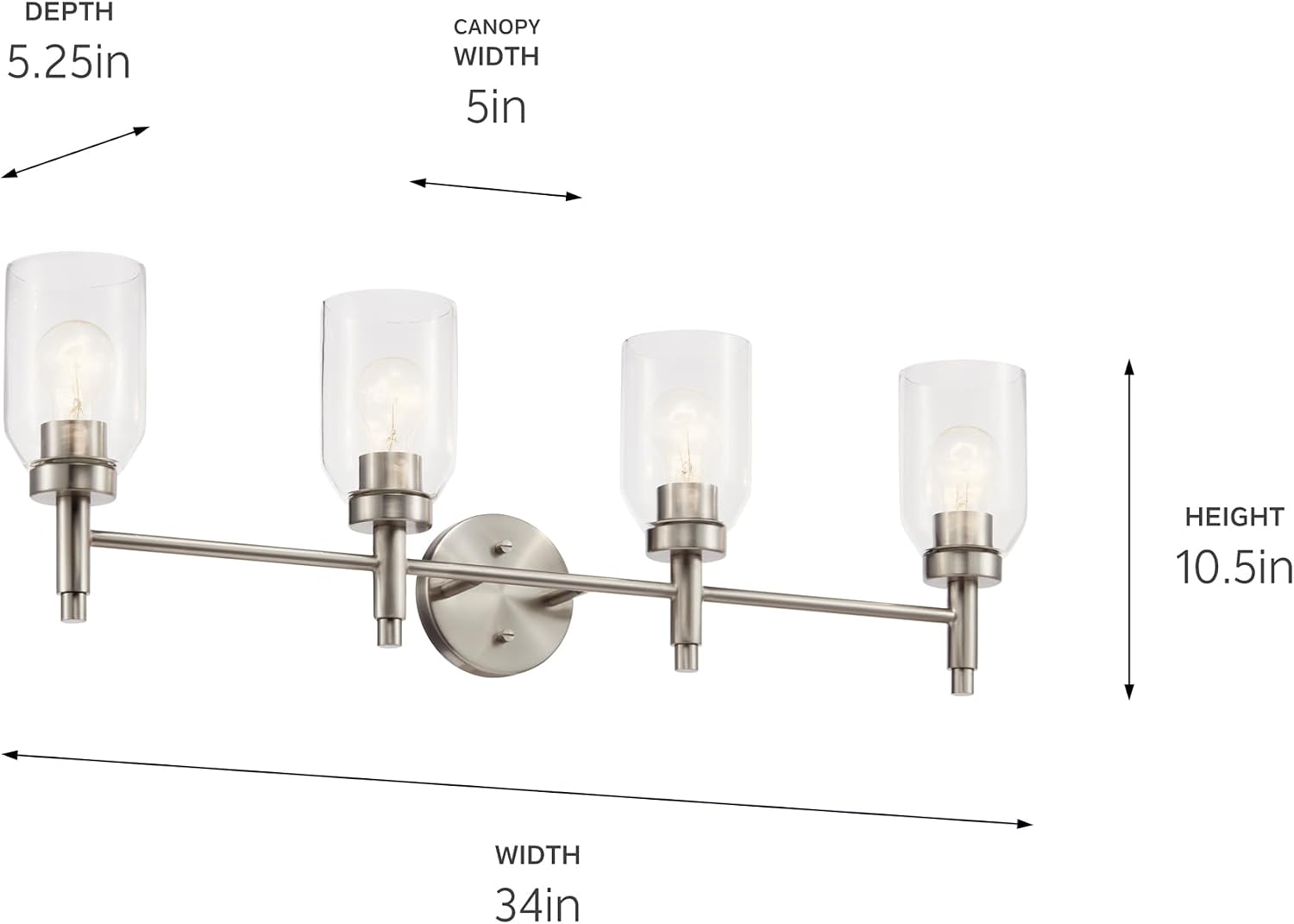 Kichler Madden 4-Light Bathroom Vanity Light Fixture with Clear Glass in Brushed Nickel, Modern Wall Mount for Single or Double Vanity Over Mirror (10.5' x 34'), 55186NI