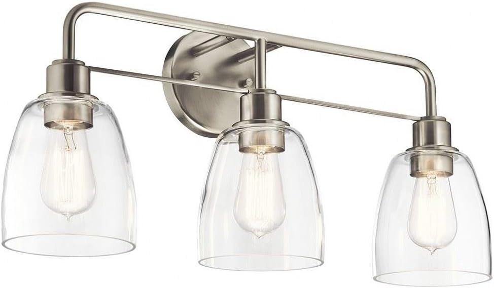 Kichler Meller 24.25' 3-Light Bathroom Vanity Light Fixture with Clear Glass Shades in Brushed Nickel, Industrial Modern Style Over Mirror (24.25' x 11.25' x 7'), 55102NI
