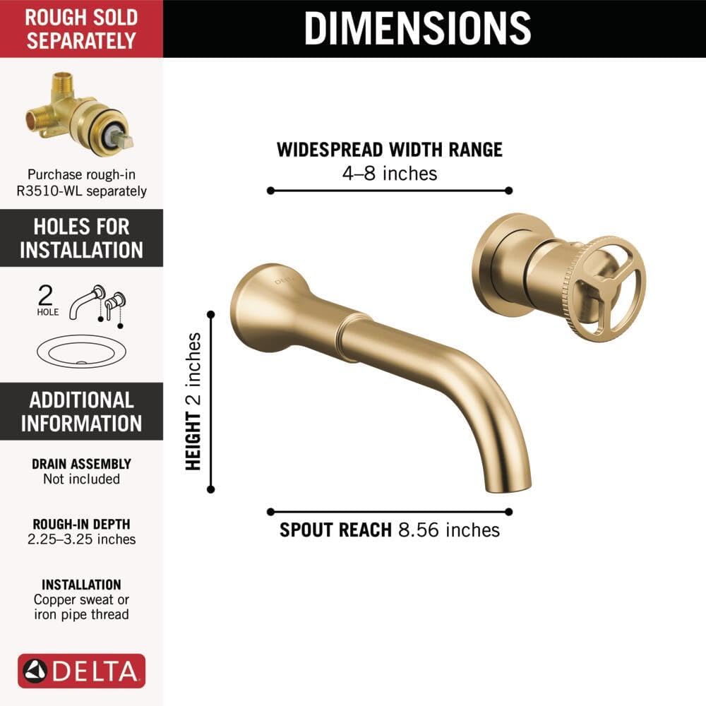 Delta Trinsic Wall Mount Bathroom Faucet 2 Hole, Brushed Gold Bathroom Sink Faucet for Vanity, Champagne Bronze T3558LF-CZWL (Valve Not Included)