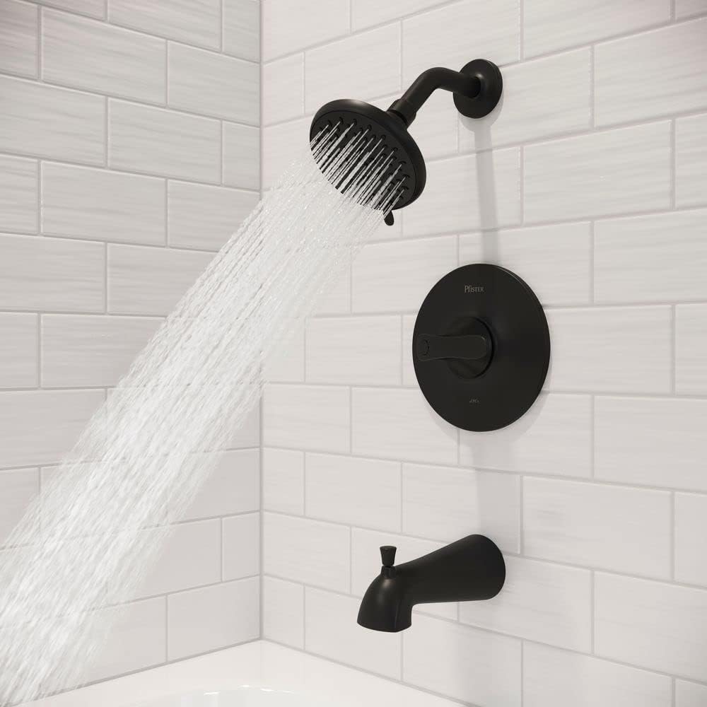 Pfister Weller Single Handle Matte Black Shower Faucet Set with 5-Mode Multi-Function Shower Head and QuickConnect Tub Spout for Complete Bathroom Shower Kit LG898WRB