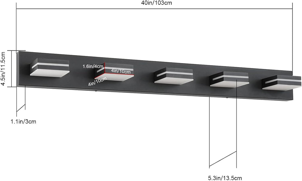 SineRise LED Modern Bathroom Vanity Light Fixtures (5-Light, 40-Inch), Matte Black Modern Acrylic Bathroom Wall Lighting Fixtures Over Mirror (Cool White 6000K)