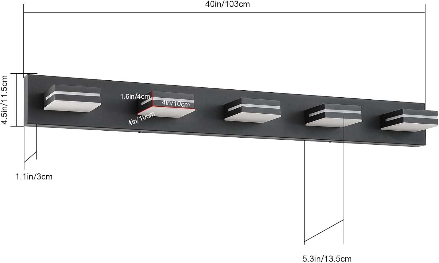 SineRise LED Modern Bathroom Vanity Light Fixtures (5-Light, 40-Inch), Matte Black Modern Acrylic Bathroom Wall Lighting Fixtures Over Mirror (Cool White 6000K)