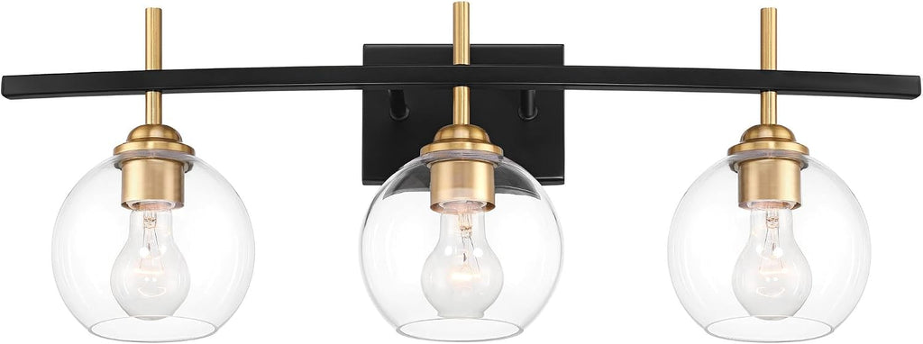 360 Lighting Modern Wall Light Sconce Black Gold Mixed Hardwire 27' 3-Light Fixture Clear Glass Globe Shade for Bedroom Bathroom Bedside Vanity Living Room Home Mirror Hallway Dining Kitchen