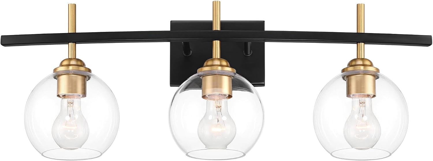 360 Lighting Modern Wall Light Sconce Black Gold Mixed Hardwire 27' 3-Light Fixture Clear Glass Globe Shade for Bedroom Bathroom Bedside Vanity Living Room Home Mirror Hallway Dining Kitchen