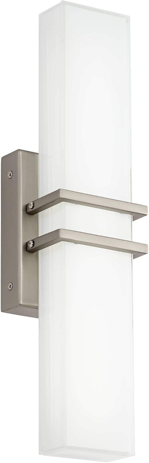 Possini Euro Design Exeter Modern Art Deco Wall Mount Light LED Brushed Nickel Silver Metal 17' Wide Vanity Fixture Rectangular Silk Screened Glass Shade Decor for Bathroom Over Mirror House Home