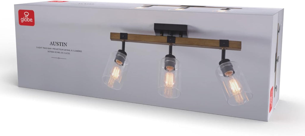 Globe Electric 57502 3-Light Track Lighting, Wood Toned, Matte Black Accents, Clear Glass Shades, Pivoting Heads, Modern Farmhouse, Ceiling Light for Kitchen Island and Dining Room Table