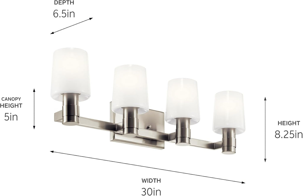 Kichler Adani 4-Light Bathroom Vanity Light Fixture, Modern Wall Mount Lighting with Opal Glass in Brushed Nickel for Over Mirror Installation (8.25' x 30'), 55177NI