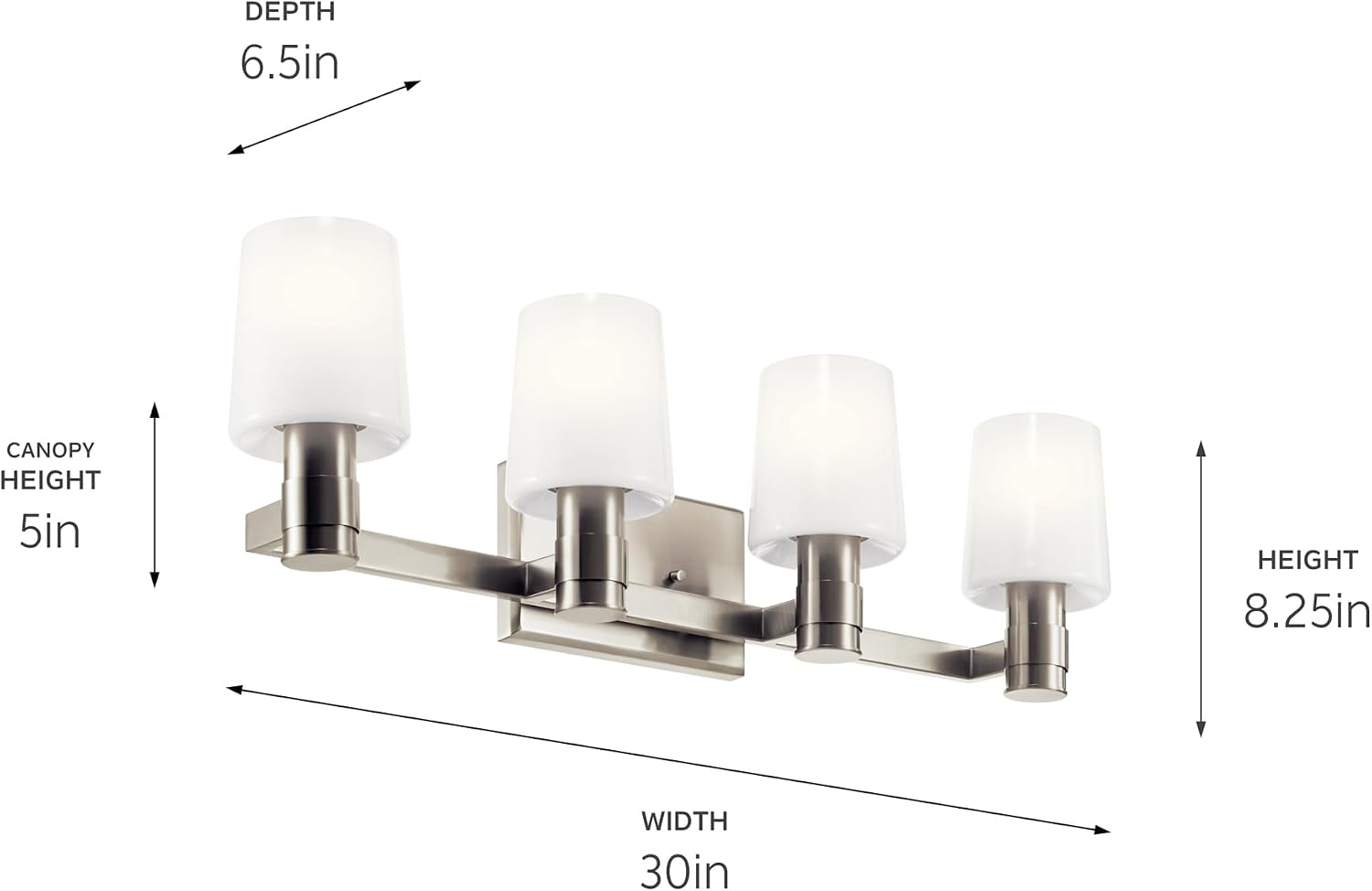 Kichler Adani 4-Light Bathroom Vanity Light Fixture, Modern Wall Mount Lighting with Opal Glass in Brushed Nickel for Over Mirror Installation (8.25' x 30'), 55177NI