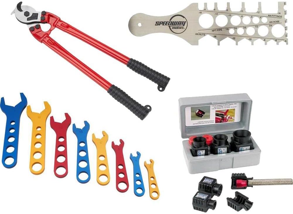 Speedway Motors Large AN Hose and Fitting Assembly Kit, Includes 8-Piece AN Wrench Set, AN/NPT Template, Heavy Duty Hose Cutter, and Koul Tools Installer for -6-8 -10 AN Fittings