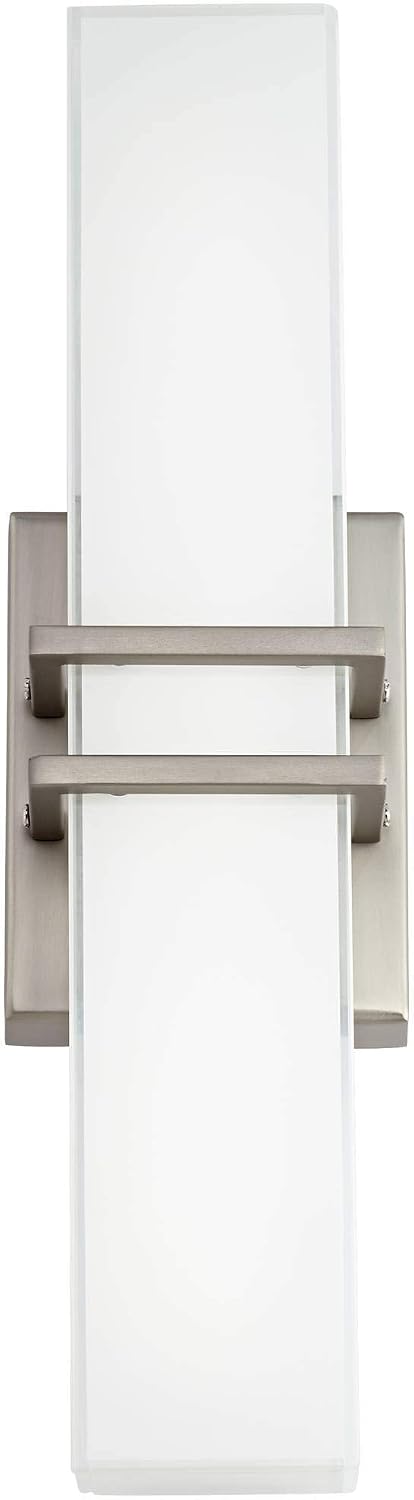 Possini Euro Design Exeter Modern Art Deco Wall Mount Light LED Brushed Nickel Silver Metal 17' Wide Vanity Fixture Rectangular Silk Screened Glass Shade Decor for Bathroom Over Mirror House Home