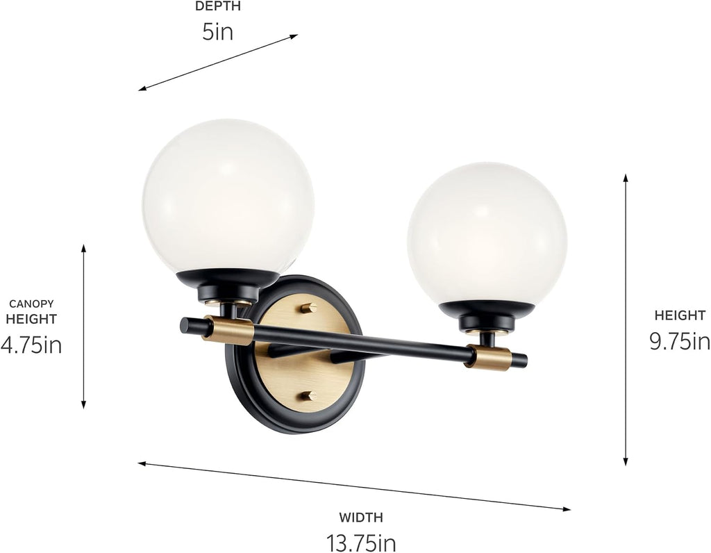 Kichler Benno 2-Light Bathroom Vanity Light Fixture with Opal Glass, Modern Black and Champagne Bronze Light for Powder Room or Bath (8.75 in x 14.75 in), 55171BKCPZ