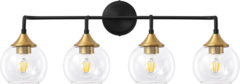 Bathroom Vanity Light with Clear Glass Shade, E26 Base, 31 Inch Vanity Lighting Fixtures Over Mirror, Vanity Lights for Bathroom (Exclude E26 Bulb) - Black and Gold, 4-Lights