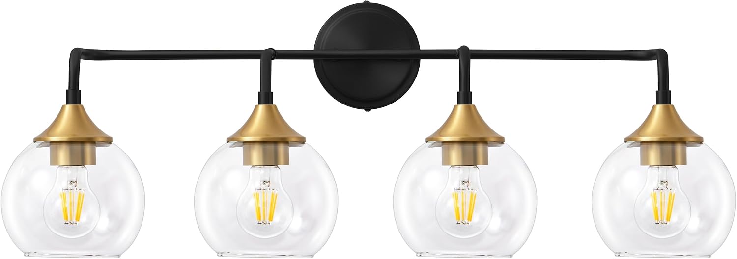 Bathroom Vanity Light with Clear Glass Shade, E26 Base, 31 Inch Vanity Lighting Fixtures Over Mirror, Vanity Lights for Bathroom (Exclude E26 Bulb) - Black and Gold, 4-Lights
